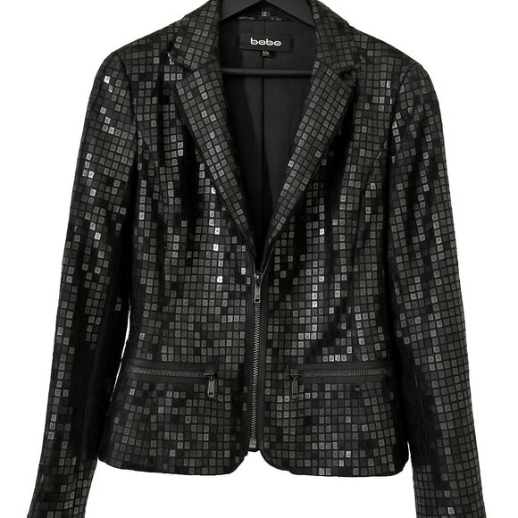 BEBE Black Sequin Tuxedo Blazer Zip Front Size 10 NWOT - Picture 1 of 4